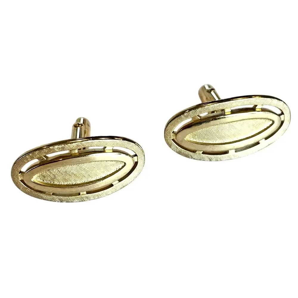 Vintage Swank Cufflinks Etched Brushed Goldtone Mid Century Modern 70's Ovals